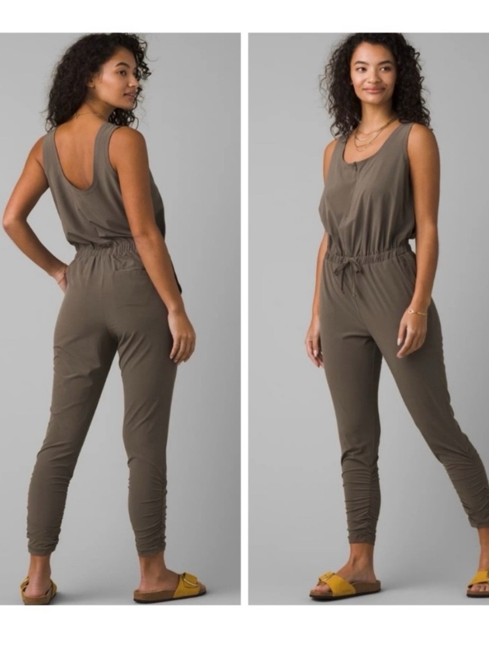 Prana Railay Ruched Sleeveless Zip Front Jumpsuit Sun Protection Slate Green